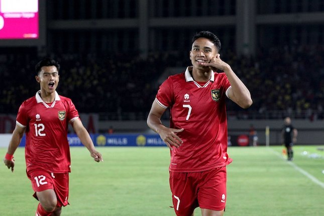 Selebrasi gelandang Timnas Indonesia U-23 Marselino Ferdinan usai menggetarkan gawang Chinese Taipei di Kualifikasi Piala Asia U-23 2024 Grup K. (Foto:Bola.net)