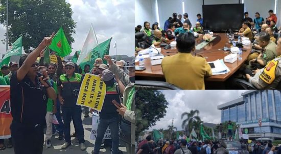 Aksi unjuk rasa serikat pekerja Kaltim di depan Kantor Gubernur Kaltim menuntut kenaikan UMP (dok: Tekapelaltim)